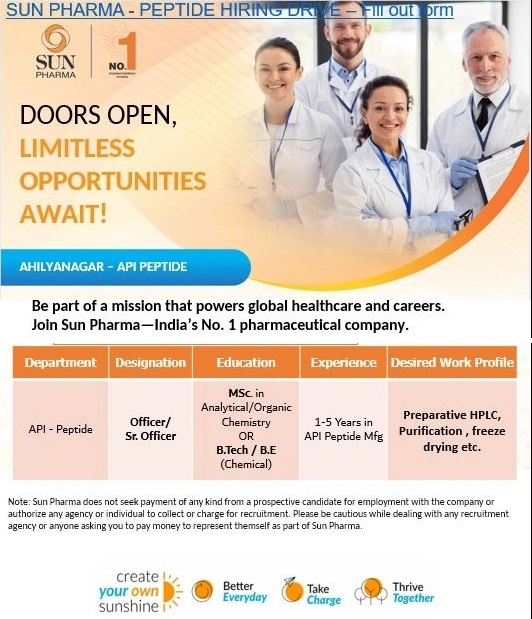 SUN PHARMA – Peptide Hiring Drive (API Division) |