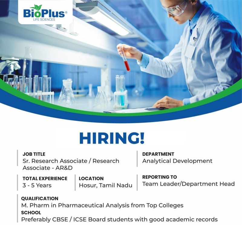 BioPlus Life Sciences – Hiring for Sr. Research Associate / Research Associate – Analytical R&D |