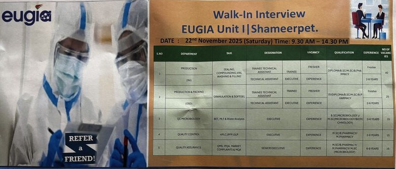 Eugia Pharma – Walk-In Interview for Multiple Departments on 22nd November 2025