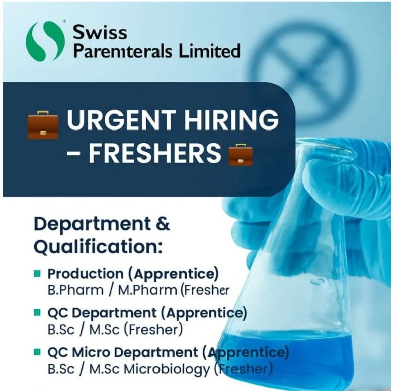 Swiss Parenterals Limited – Urgent Hiring for Freshers (Apprentice Positions) |