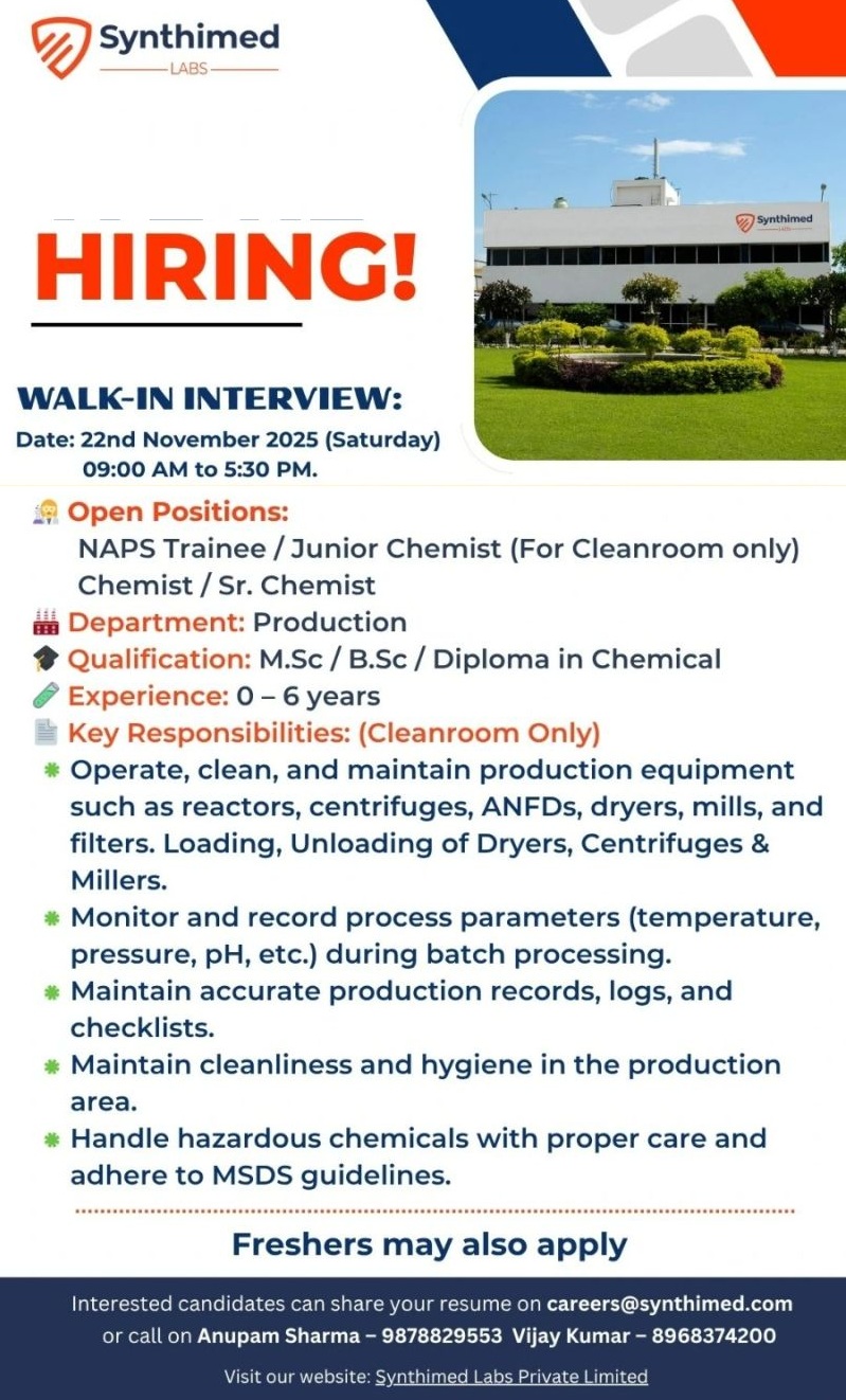 Synthimed Labs – Walk-In Interview for Multiple Positions {Freshers} on 22nd November 2025