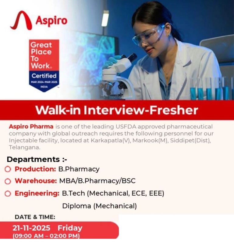 Aspiro Pharma – Walk-in Interview for Freshers (Production / Warehouse / Engineering) on 21st November 2025