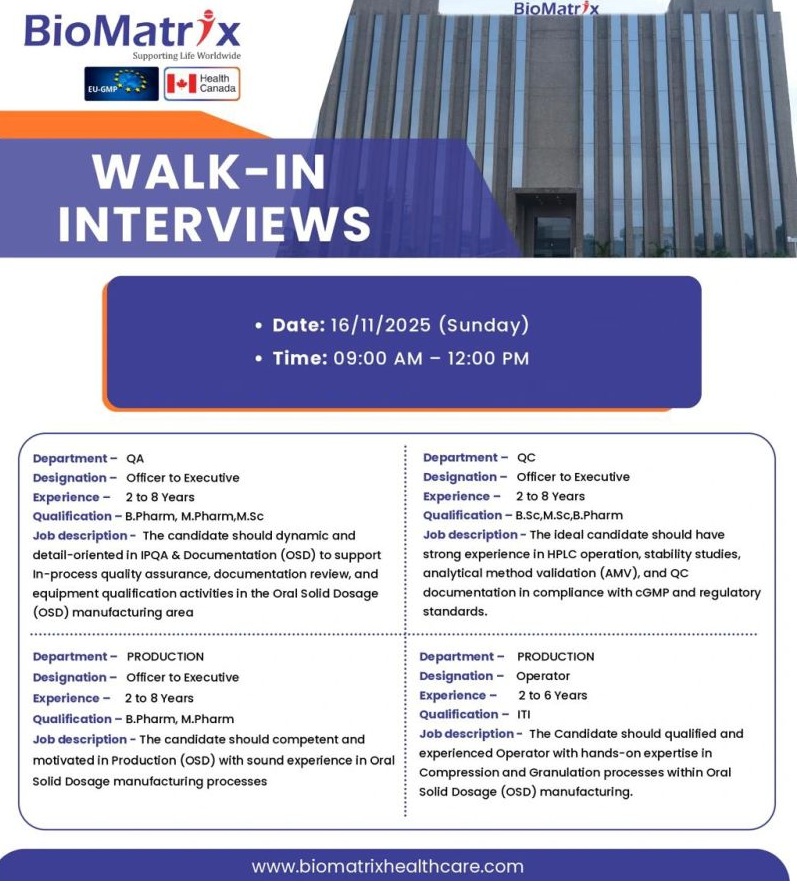 BioMatrix Healthcare – Walk-In Interviews for Production, QA & QC on 16th November 2025