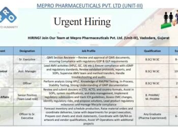Mepro Pharmaceuticals Pvt. Ltd. (Unit-III) – Urgent Hiring at Vadodara, Gujarat