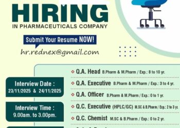 Rednex Pharmaceuticals – Walk-in Interviews for Multiple Departments on 23rd & 24th November 2025