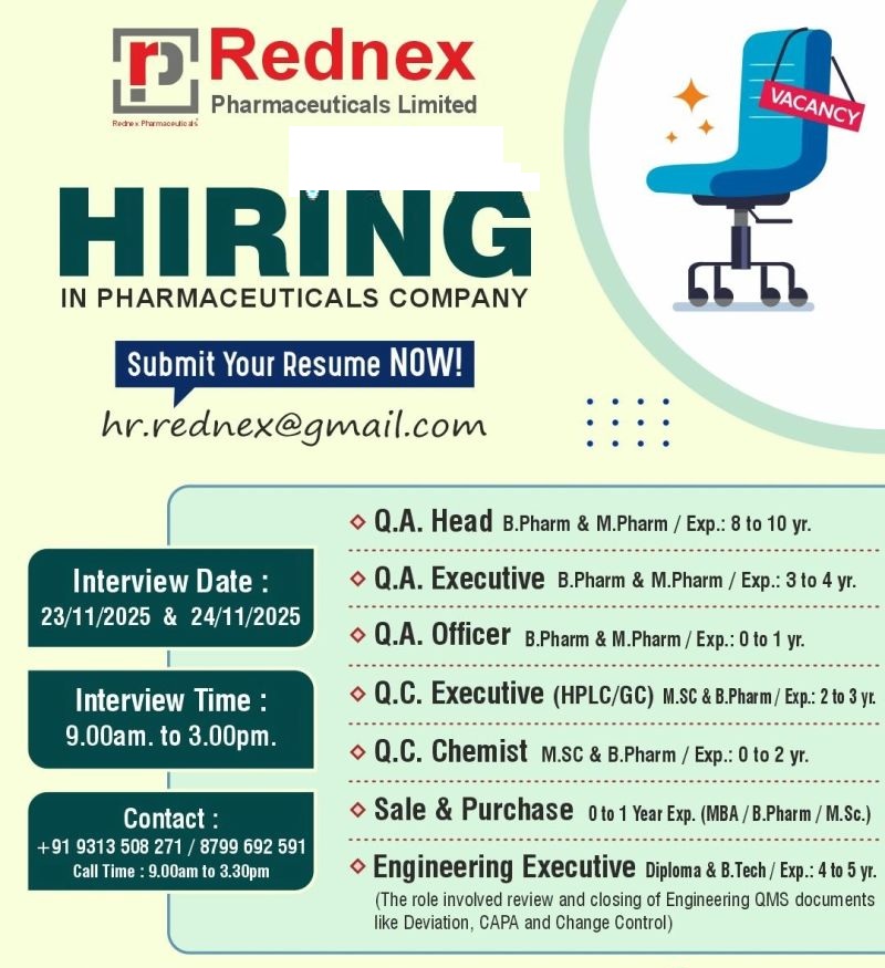 Rednex Pharmaceuticals – Walk-in Interviews for Multiple Departments on 23rd & 24th November 2025