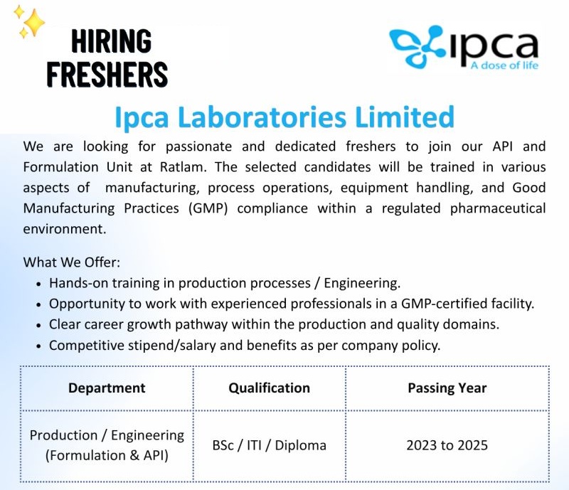 Ipca Laboratories Limited – Hiring Freshers |
