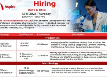 Aspiro Pharma Specialities Pvt. Ltd. – Walk-In Drive for Production & Microbiology Departments on 13th November 2025