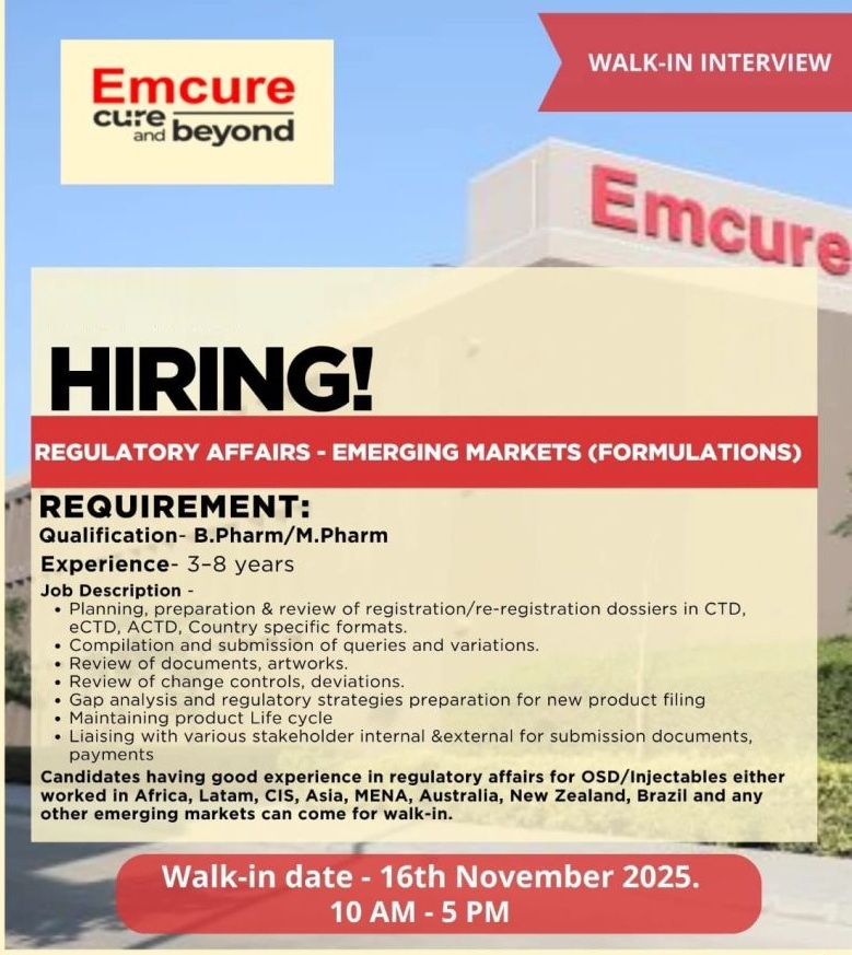 Emcure Pharmaceuticals Ltd. – Walk-In Interview for Regulatory Affairs on 16th November 2025