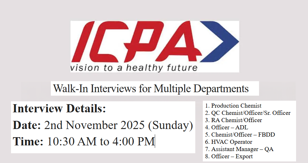ICPA Health Products Ltd – Walk-In Interviews for Multiple Departments on 2nd November 2025