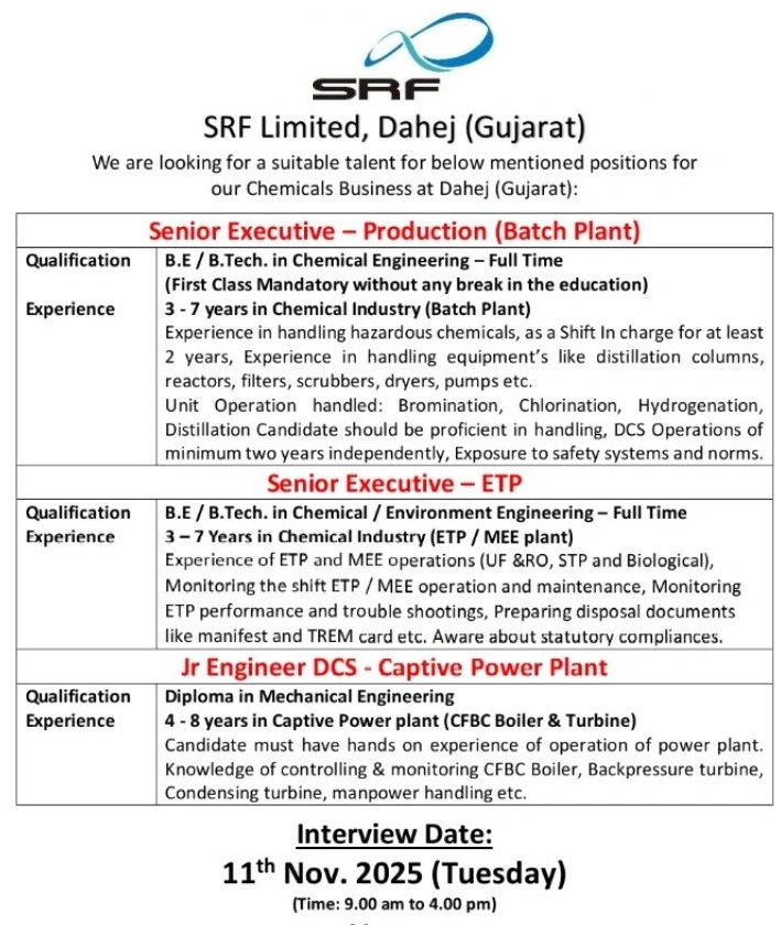SRF Limited – Hiring for Multiple Positions at Dahej (Gujarat)