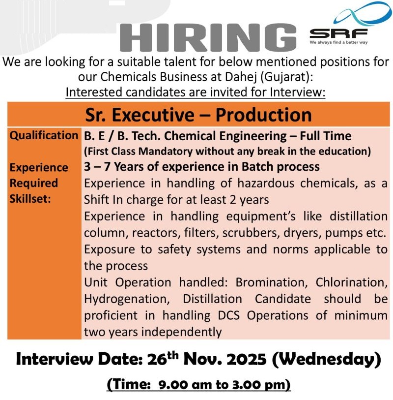 SRF Limited – Walk-In Interview on 26th November 2025