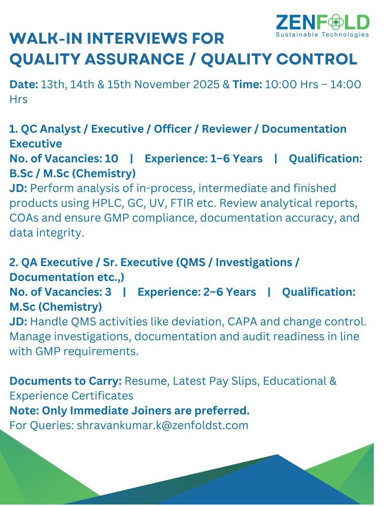 Zenfold Sustainable Technologies – Walk-In Interviews for QA / QC Departments on 13th, 14th & 15th November 2025