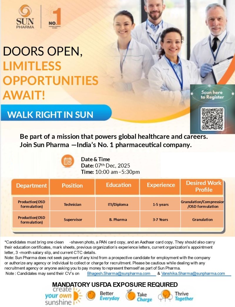 SUN PHARMA – Walk-In Interview for Production (OSD Formulation) on 7th December 2025