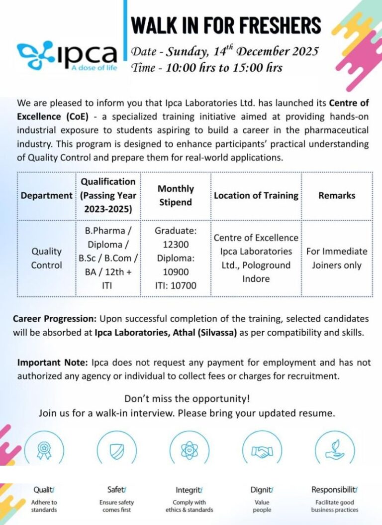 Ipca Laboratories Limited – Walk-In Interview For Freshers on 14 December 2025