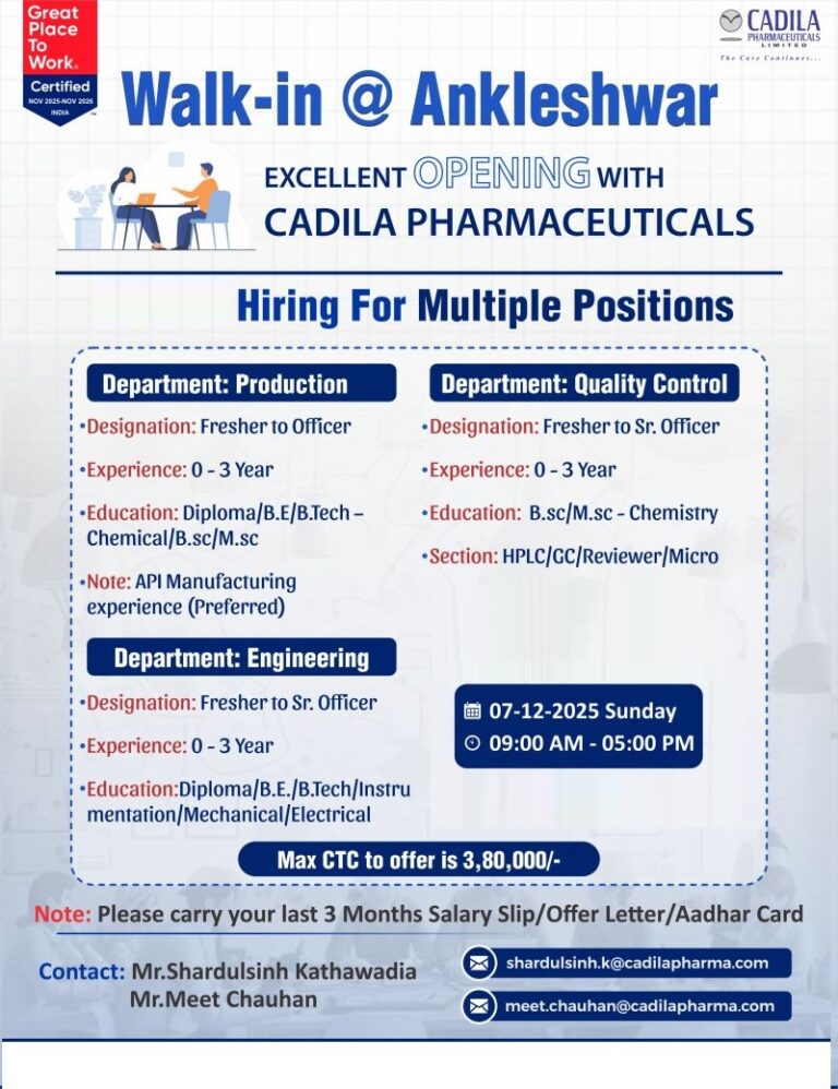 Cadila Pharmaceuticals Limited Walk-In Interview for Production, Quality Control & Engineering on 07 December 2025