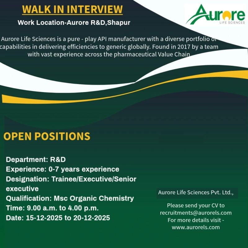 Aurore Life Sciences Pvt. Ltd. – Walk-In Interview For Freshers on 15 to 20 December 2025