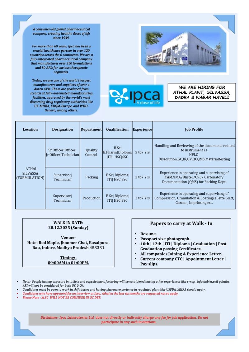 Ipca Laboratories Ltd – Walk-In Interview For Multiple Departments on 28 December 2025