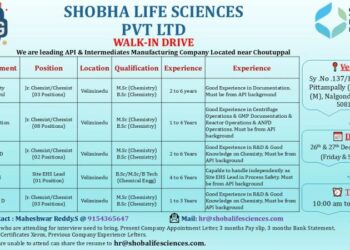 Shobha Life Sciences Pvt. Ltd – Walk-In Interview For Multiple Departments on 26 & 27 December 2025