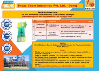 Bnezo Chem Industries Pvt. Ltd – Walk-In Interview For Multiple Departments on 30 December 2025