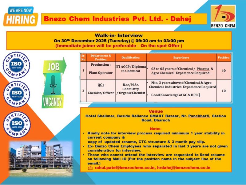 Bnezo Chem Industries Pvt. Ltd – Walk-In Interview For Multiple Departments on 30 December 2025