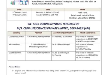 Ceph Lifesciences Pvt. Ltd – Walk-In Interview For Multiple Departments on 3 & 4 January 2026