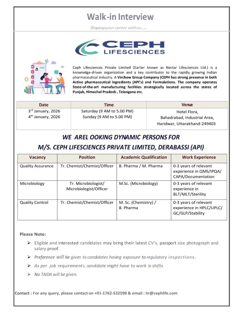 Ceph Lifesciences Pvt. Ltd – Walk-In Interview For Multiple Departments on 3 & 4 January 2026