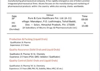 Akums Drugs and Pharmaceuticals Limited – Walk-In Interview For Multiple Departments on 28 December 2025