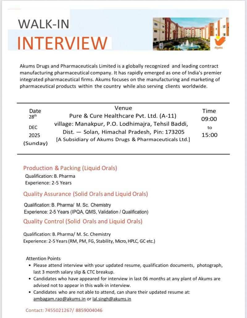 Akums Drugs and Pharmaceuticals Limited – Walk-In Interview For Multiple Departments on 28 December 2025