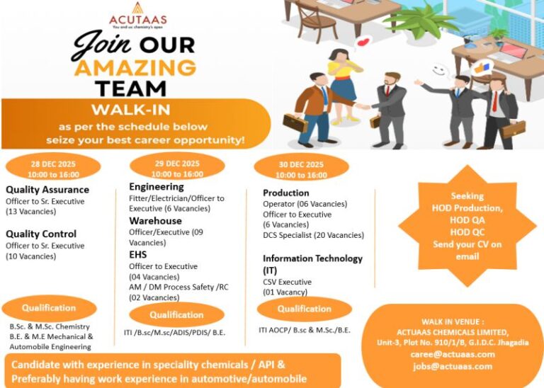 ACTUAAS Chemicals Limited – Walk-In Interview for Multiple Departments on 28 to 30 December 2025