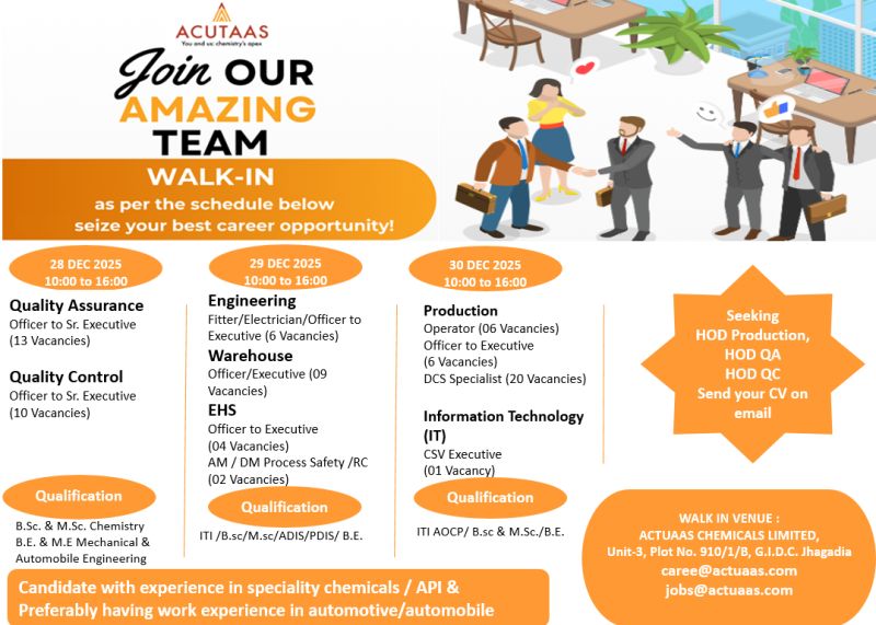 ACTUAAS Chemicals Limited – Walk-In Interview for Multiple Departments on 28 to 30 December 2025