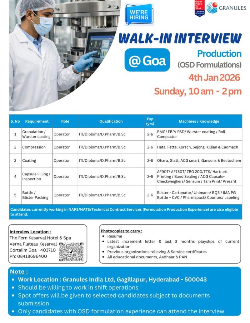 Granules India Ltd – Walk-In Interview For Production (OSD Formulations) on 4 January 2026