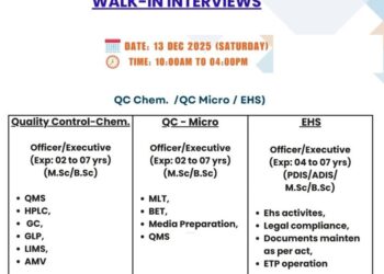 Emcure Pharmaceuticals Ltd. – Walk-In Interviews for QC (Chem/Micro) & EHS on 13 December 2025