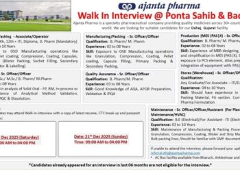 Ajanta Pharma Limited – Walk-In Interview For Multiple Departments on 20 & 21 December 2025