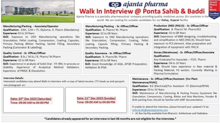 Ajanta Pharma Limited – Walk-In Interview For Multiple Departments on 20 & 21 December 2025