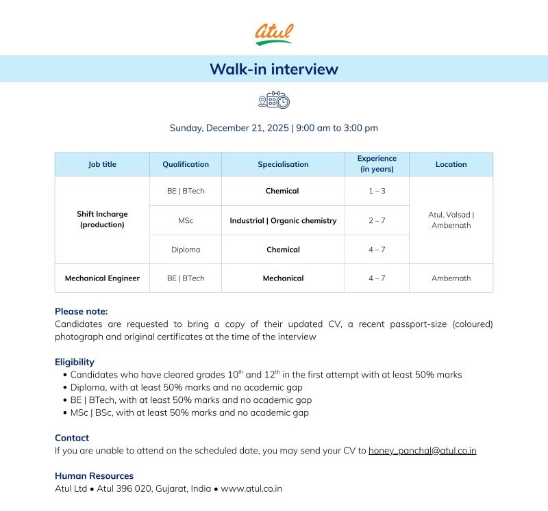 Atul Ltd – Walk-In Interview For Production & Engineering Positions on 21 December 2025