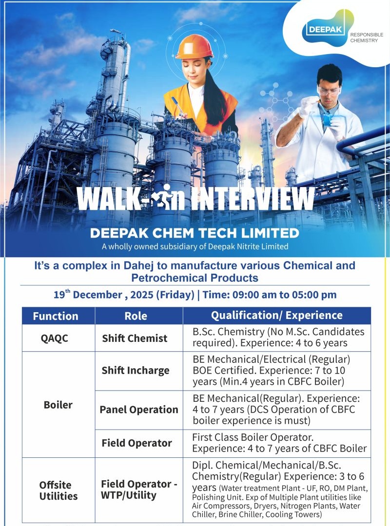 Deepak Chem Tech Limited – Walk-In Interview For Multiple Departments on 19 December 2025