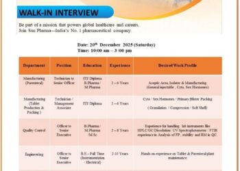 Sun Pharmaceutical Industries Ltd – Walk-In Interview For Multiple Departments on 20 December 2025