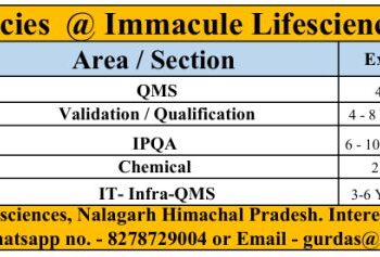 Immacule Lifesciences (Sterile) – Hiring For Multiple Departments | Apply Now
