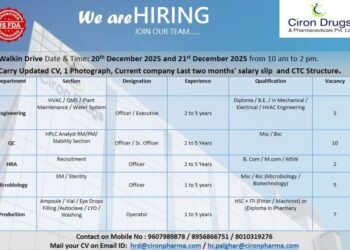 Ciron Drugs & Pharmaceuticals Pvt. Ltd – Walk-In Interview For Multiple Departments on 20 & 21 December 2025