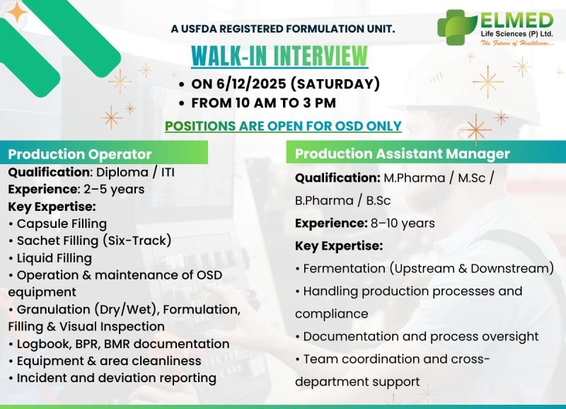 ELMED Life Sciences Pvt. Ltd. Walk-In Interview for OSD Unit on 06 December 2025