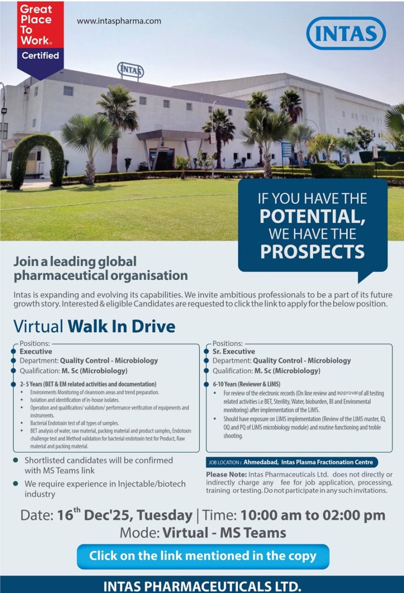 Intas Pharmaceuticals Ltd. – Virtual Walk-In Drive on 16th December 2025
