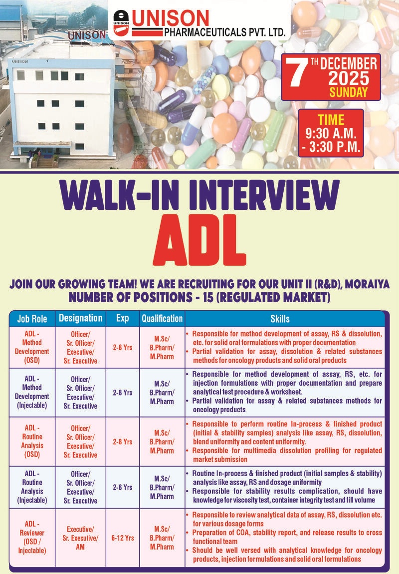UNISON PHARMACEUTICALS PVT. LTD – Walk-In Interview for ADL Department on 7th December 2025
