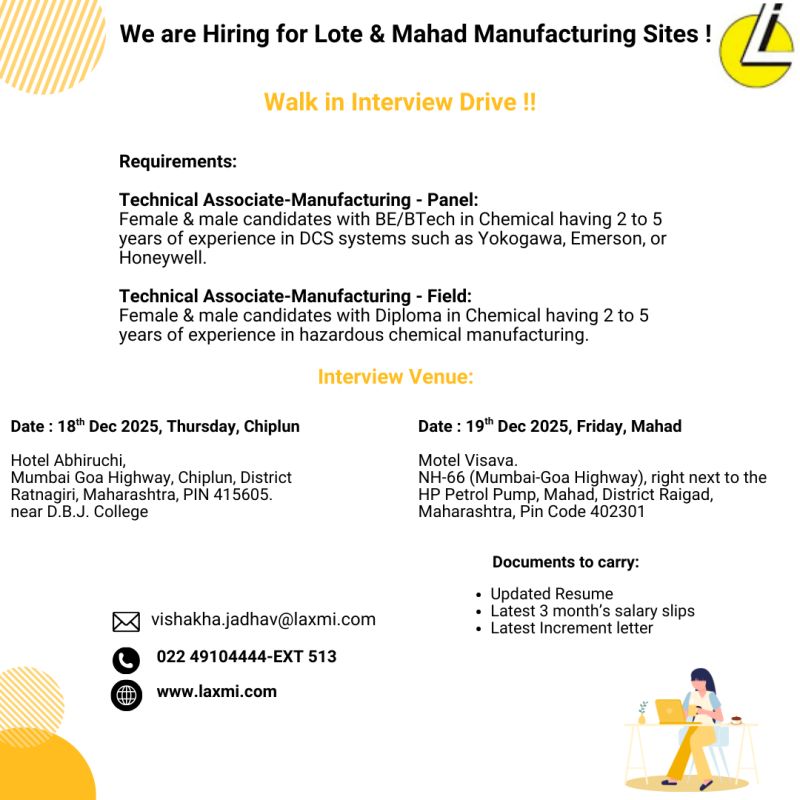 Laxmi Organic Industries Limited – Walk-In Interview For Manufacturing Department on 18 & 19 December 2025