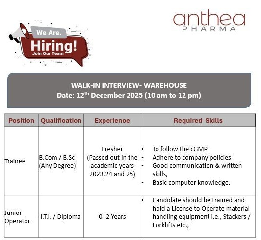 Anthea Pharma – Walk-In Interview for Warehouse Department on 12 December 2025