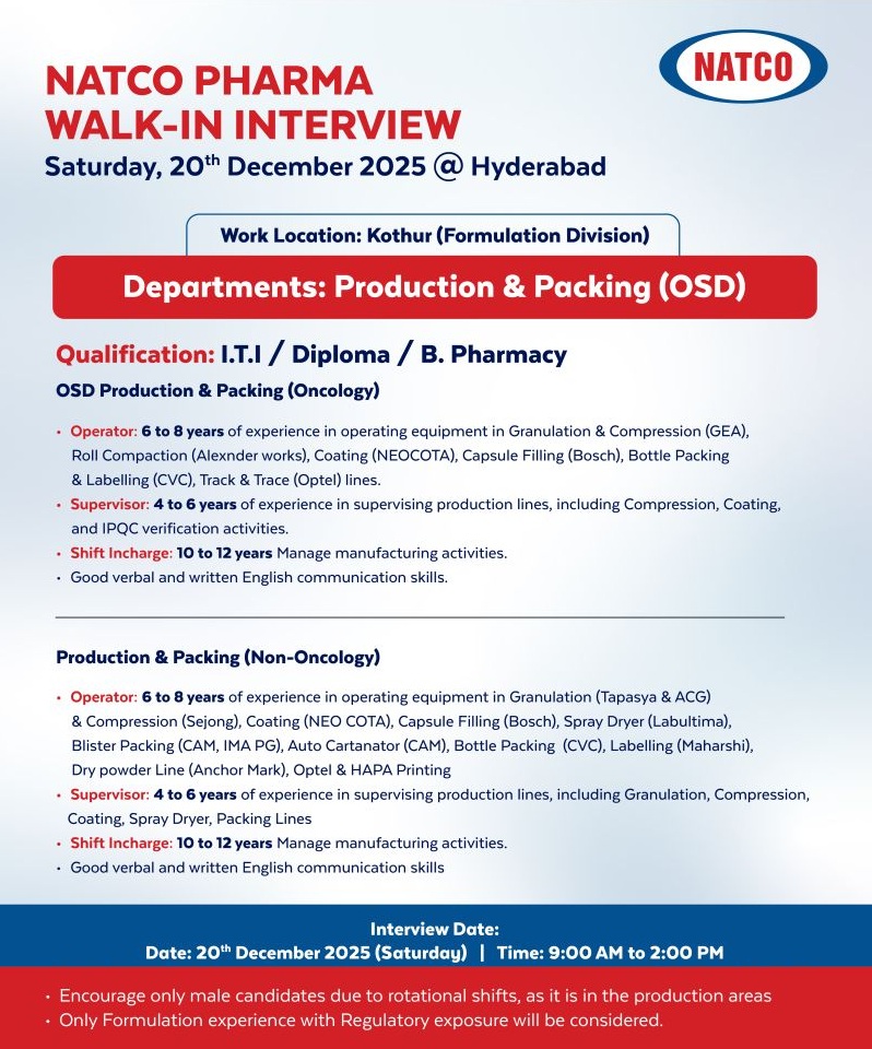 NATCO Pharma Limited – Walk-In Interview For Production & Packing (OSD) on 20 December 2025