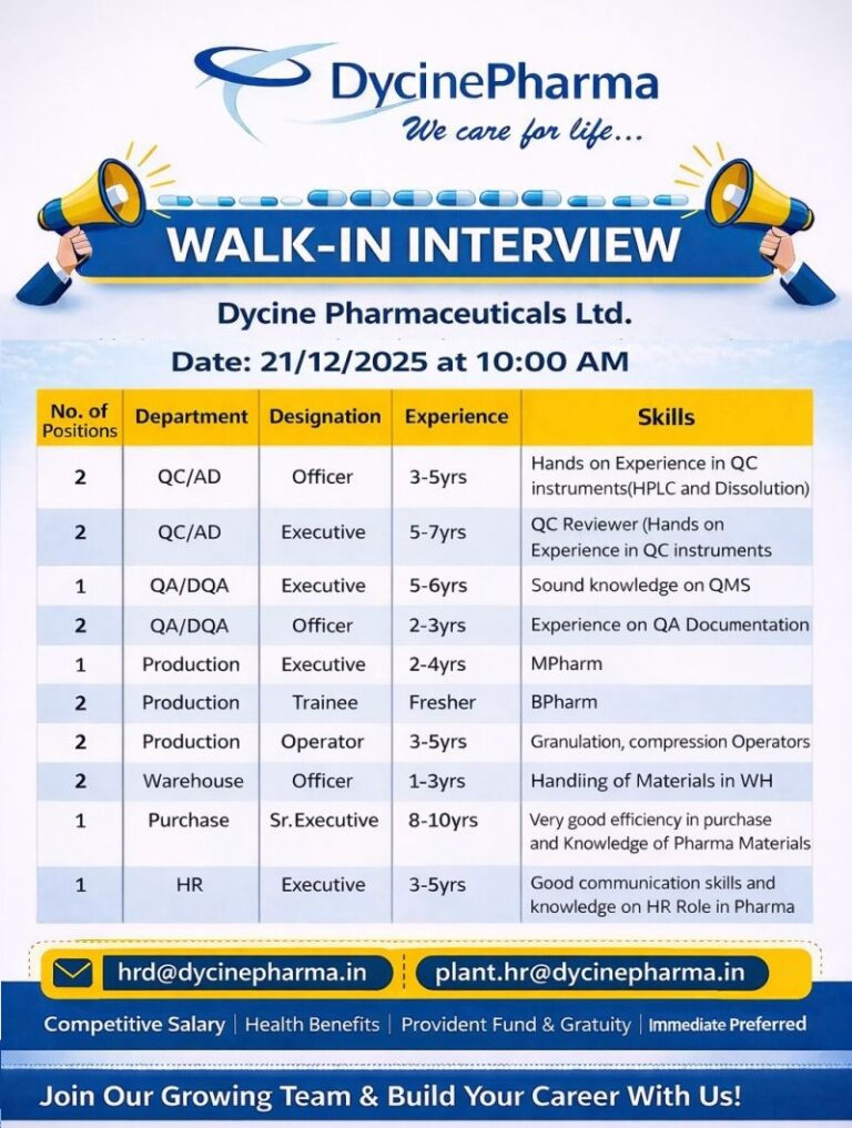 Dycine Pharmaceuticals Ltd – Walk-In Interview For Multiple Departments on 21 December 2025
