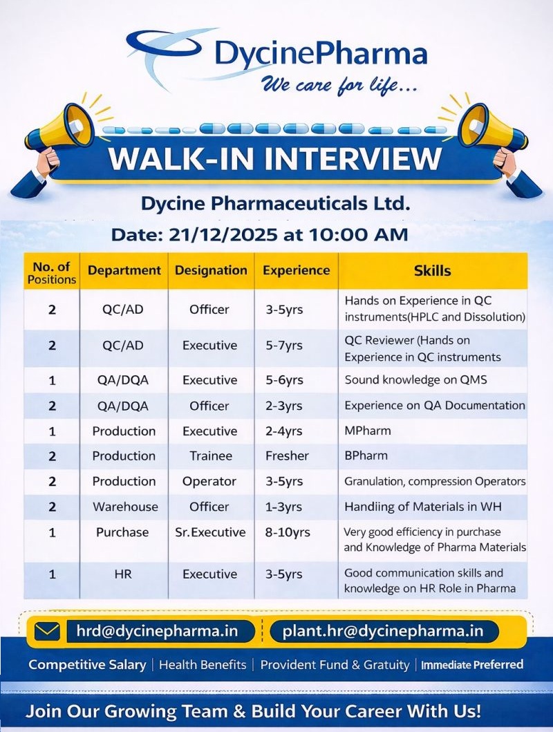 Dycine Pharmaceuticals Ltd – Walk-In Interview For Multiple Departments on 21 December 2025