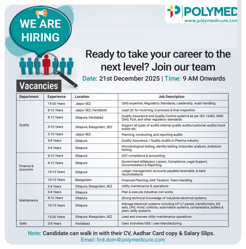 Poly Medicure Ltd – Walk-In Interview For Multiple Departments on 21 December 2025