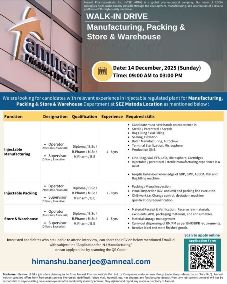 Amneal Pharmaceuticals – Walk-In Interview for Manufacturing, Packing & Store / Warehouse on 14 December 2025